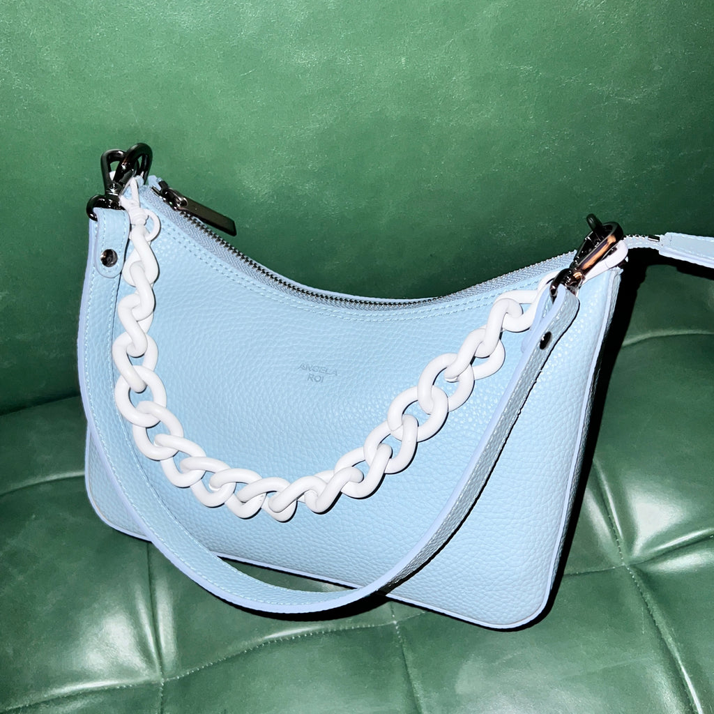 Light blue phone pouch with shoulder strap